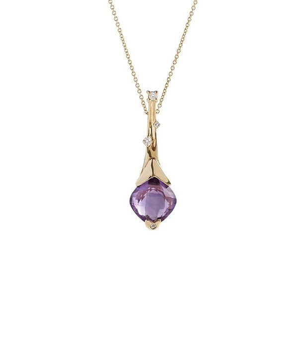 PENDENTE IN ORO GIALLO CON DIAMANTI CT 0,06 E AMETISTA TAGLIO QUADRATO BRIOLETTE