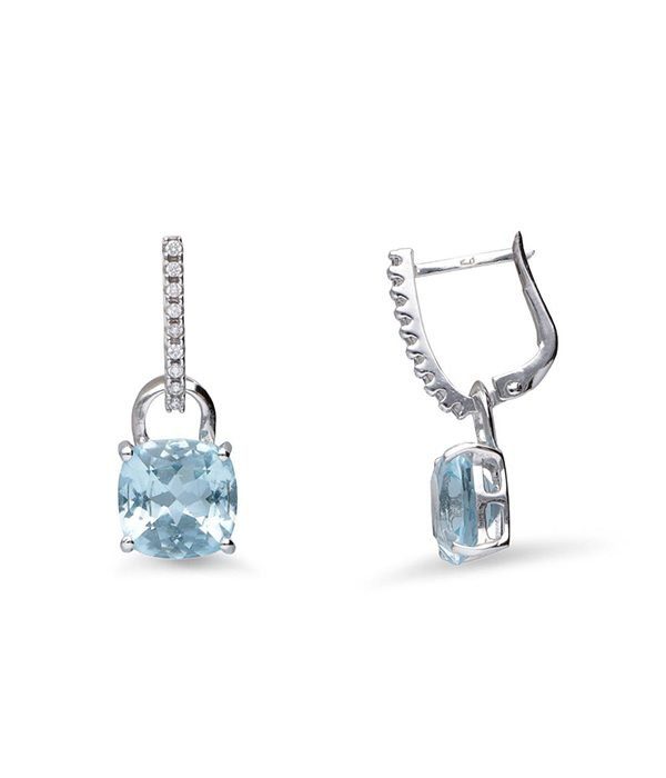 ORECCHINI A MONACHELLA IN ORO BIANCO CON PENDENTE ESTRAIBILE CON TOPAZIO AZZURRO QUADRATO 10X10MM E DIAMANTI CT 0,18
