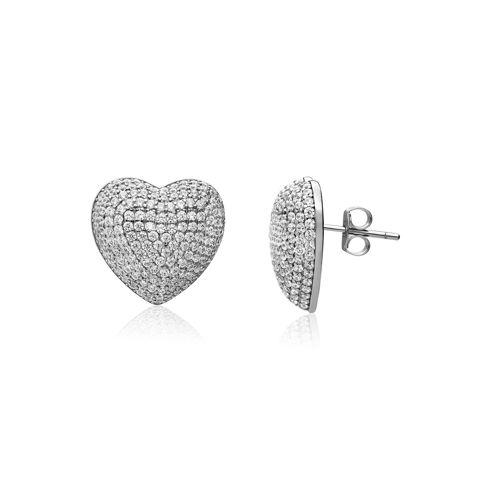 ORECCHINI A LOBO IN ARGENTO RODIATO 925 CUORE CON ZIRCONI BIANCHI