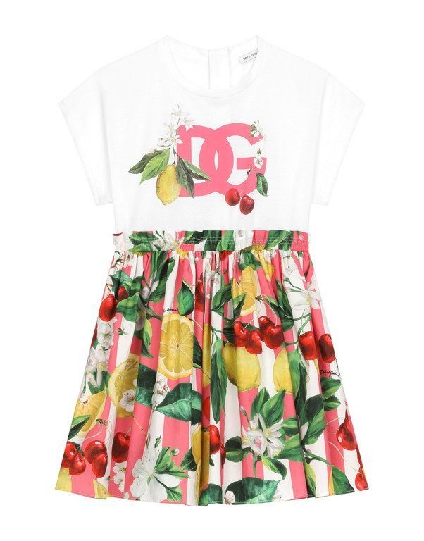 Poplin and jersey dress with lemon and cherry print