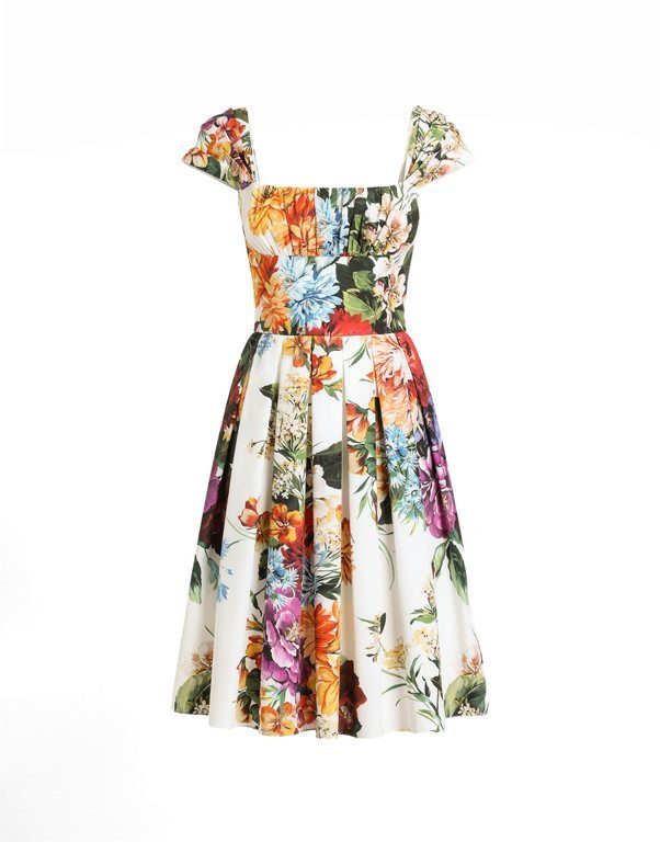 Flower bouquet-print poplin dress