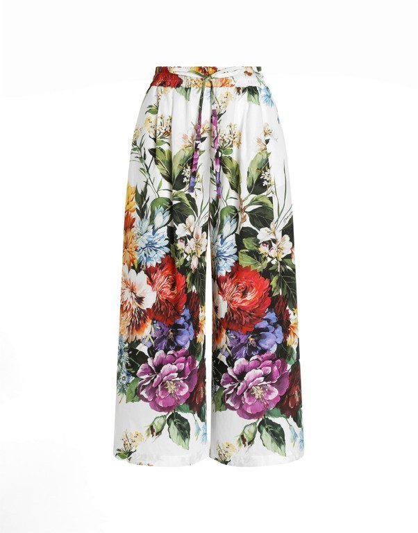 Flower bouquet-print poplin trousers