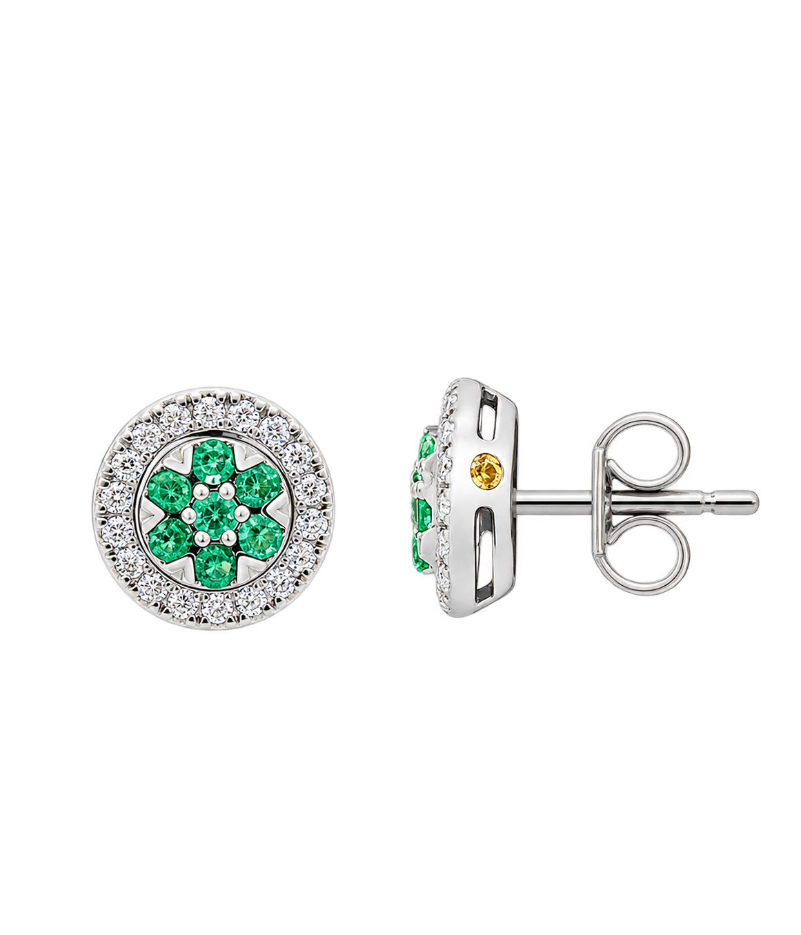 ORECCHINI IN ORO BIANCO MONTATURA INVISIBLE CON DIAMANTI CT 0.18 E SMERALDI CT 0.45