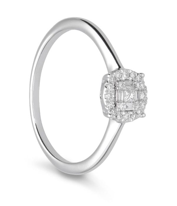 White gold ring with round, princess and baguette-cut diamonds, 0.15 ct, size 16