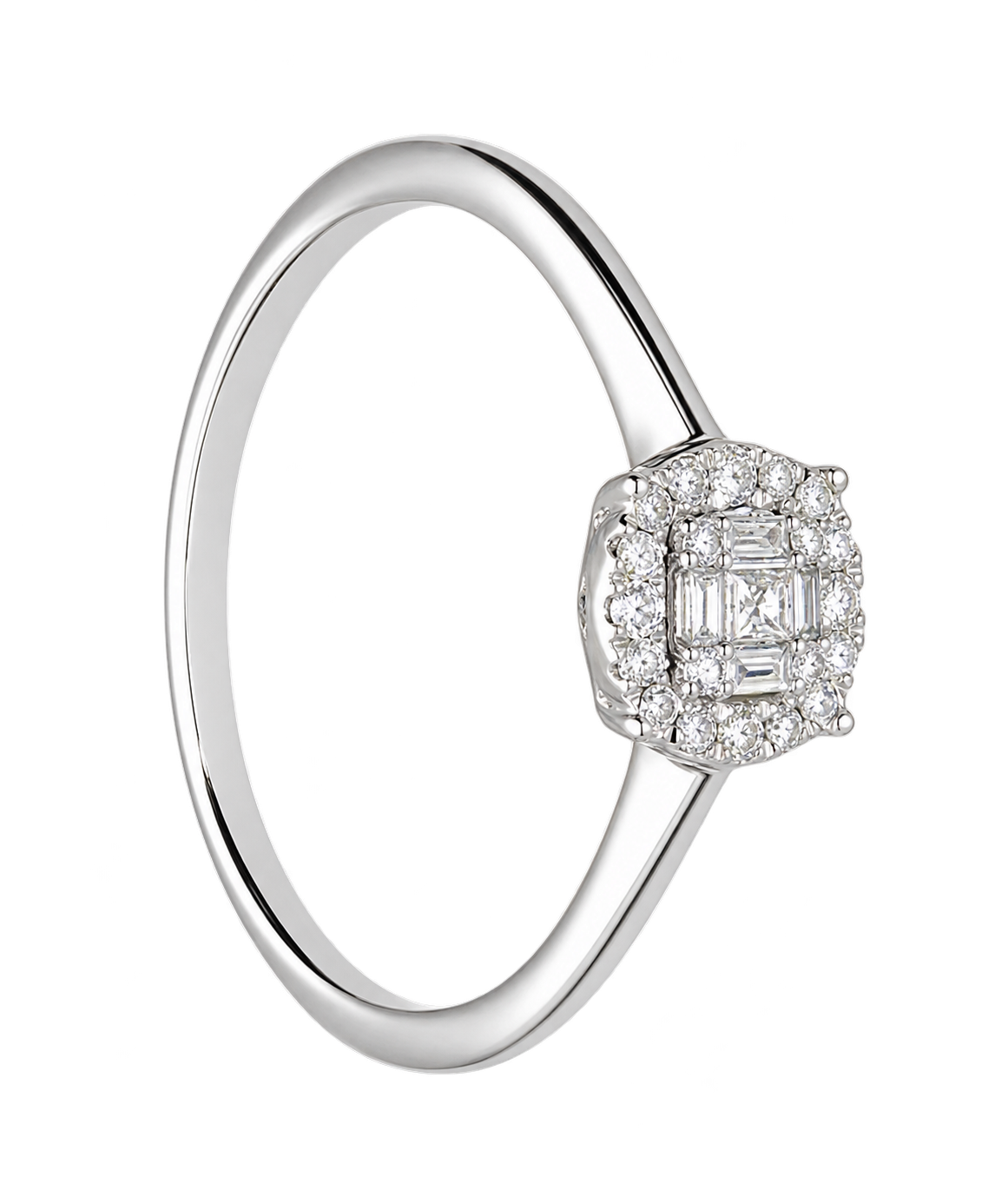 ANELLO IN ORO BIANCO CON DIAMANTI ROUND, PRINCESS E BAGUETTE CT 0,15 MISURA 16