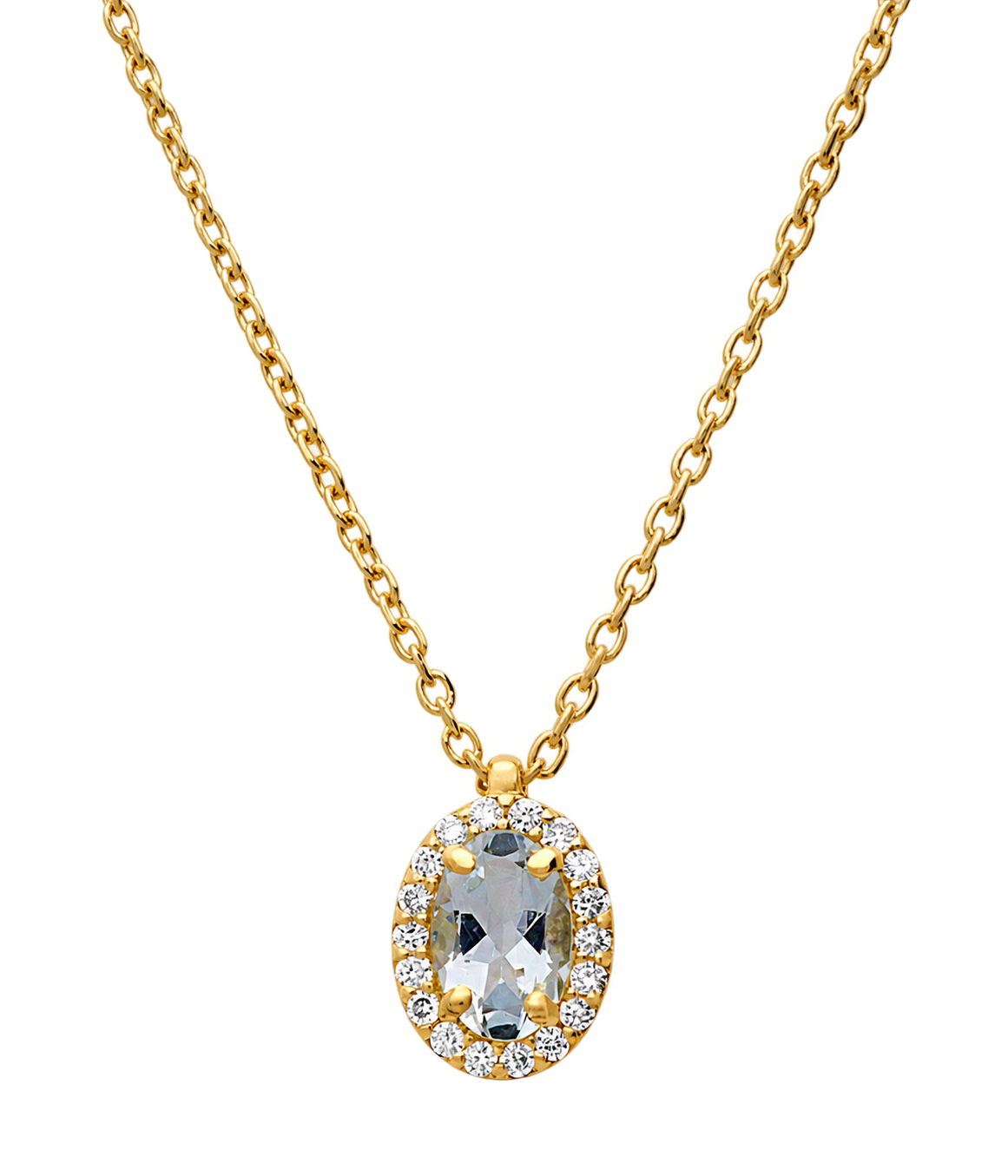 COLLANA CONTORNATO IN ORO GIALLO 18K CON ACQUAMARINA OVALE 6X4 CT 0,45 E DIAMANTI CT 0,144 MISURA 42 CM