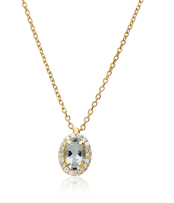 18K yellow gold halo necklace with 6x4 mm oval aquamarine, 0.45 ct, and diamonds, 0.144 ct, length 42 cm
