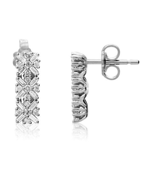 White gold earrings with trilogy design, pavé brilliant-cut and baguette-cut diamonds, 0.42 ct
