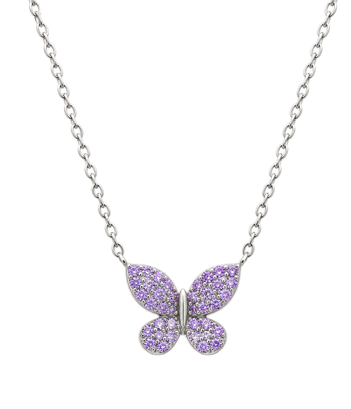 COLLANA IN ARGENTO 925 RODIATO CON ELEMENTO FARFALLA E PAVE ZIRCONI LILLA LUNGHEZZA 40+5 CM