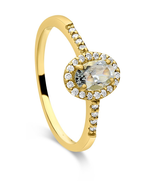 18K yellow gold halo ring with 6x4 mm oval aquamarine, 0.45 ct, and diamonds, 0.208 ct, size 14